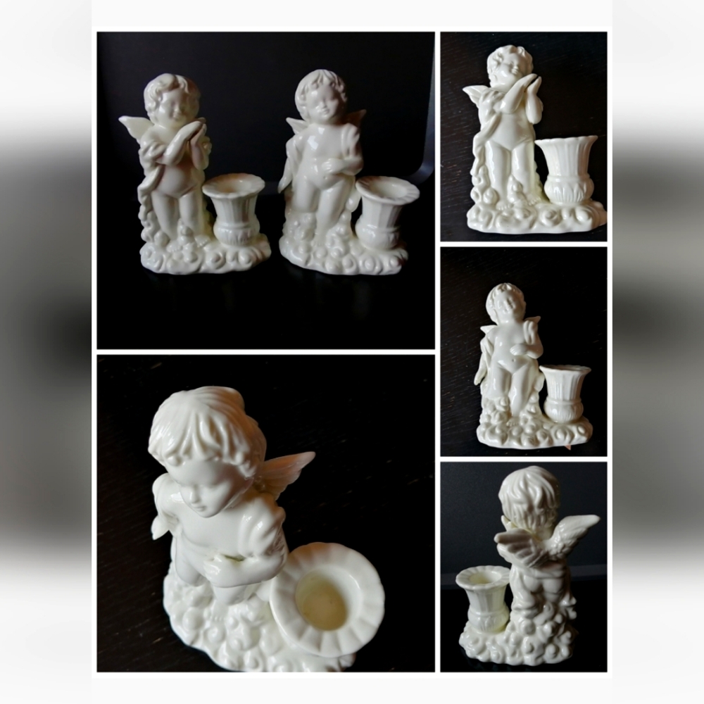 Ivory Off-White Angel Cherub Ceramic Porcelain Candle Holder Figurine Set of 2